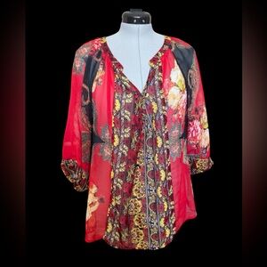New Directions- Boho Semi-Sheer Red and Black Women's Blouse- XL